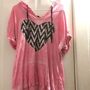 Short Sleeved Sequined Hot Pink Heart Hoodie